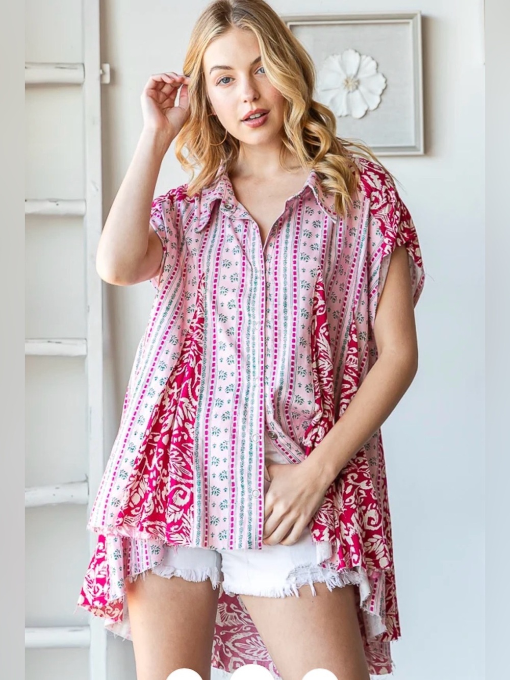 New Oli & Hali Pink Mixed-Print Button Down Top ~ Pink